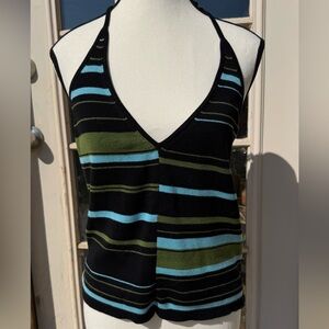 Apostrophe Striped Halter Top- Black, Green, Blue